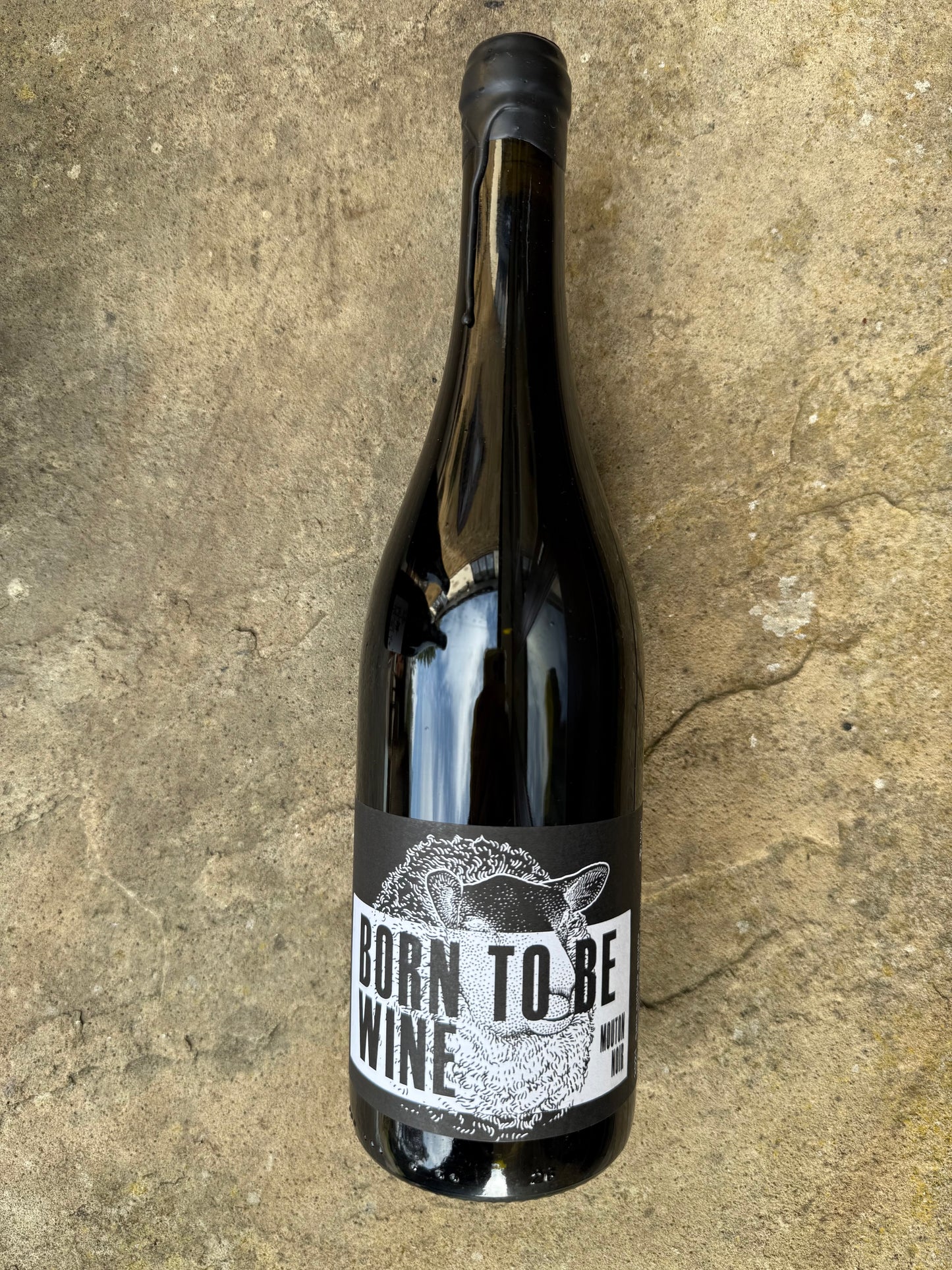 Bottle of Born To Be Wine by Mouton Noir, a natural red wine, photographed on rustic stone—bold, organic, and BBQ-friendly.