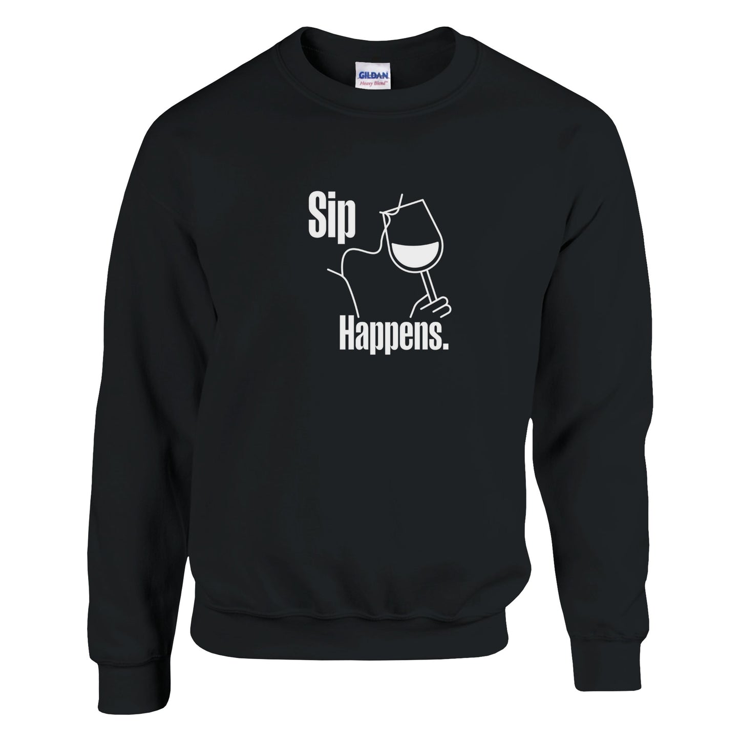 Black oversized sweatshirt with 'Sip Happens' wine-themed design – features minimalist white text and a wine glass illustration, perfect for wine lovers.