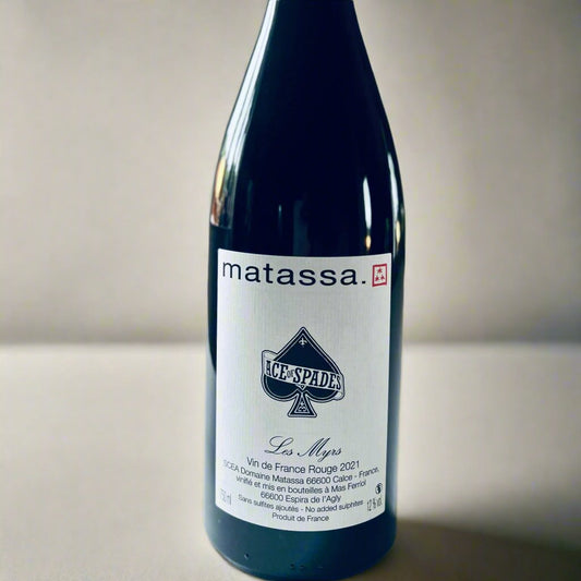 Matassa Ace of Spades natural wine bottle by Tom Lubbe, a 2021 vintage biodynamic wine made from Carignan and Mourvèdre in Roussillon, showcasing bold blackberry flavours
