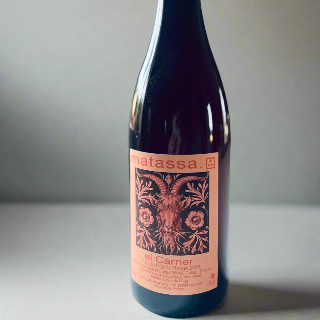 Matassa El Carner 2021 bottle of biodynamic natural wine with Grenache Gris and Macabeu grapes, produced by Tom Lubbe in Roussillon, France.